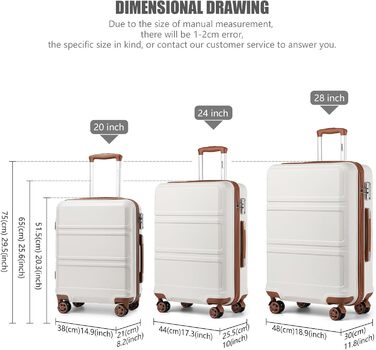 KONO Чемодан-Тролей 55 см, Кремовий Білий | Валіза для подорожей