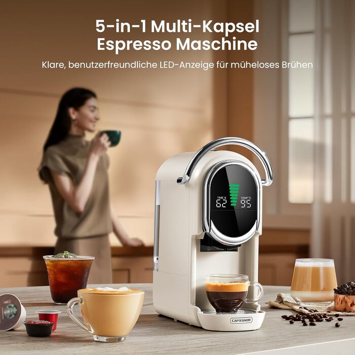 Кавомашина Magician1 Mini Kapselmaschine 5в1 для капсул Nespresso, Dolce Gusto, Lavazza A Modo Mio, ESE 44 та кавової гущі | 20 бар, 1450 Вт, LED-дисплей, 7 рівнів води | для дому та офісу (слонова кістка)