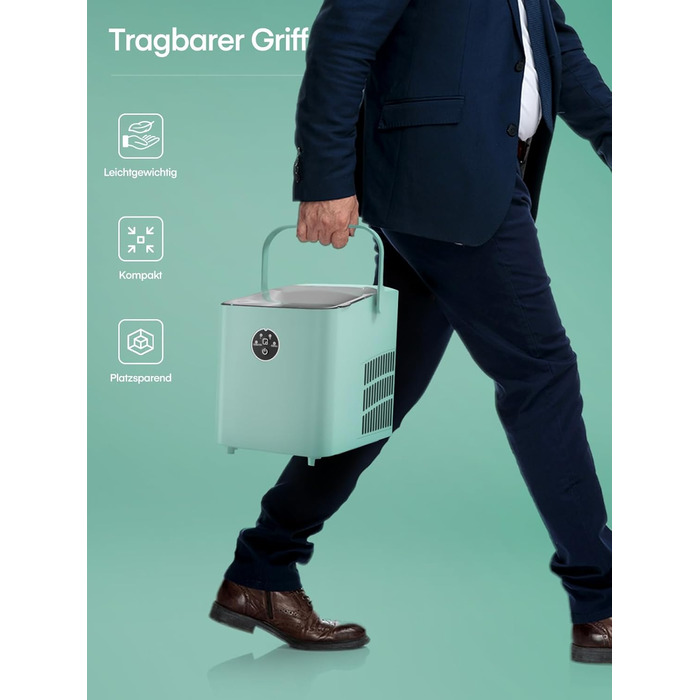 Льодогенератор FOHERE 14 кг/добу, швидке виробництво льоду (5 хв), 2 розміри кулеподібного льоду, самоочищення, м'ятний колір