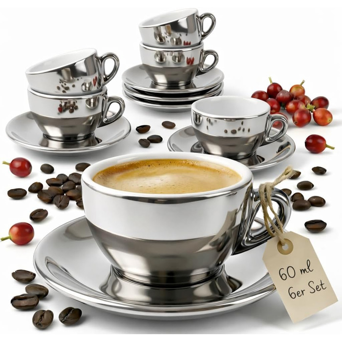 Набір кавових чашок Капучіно 6 шт. з підставками, білі, італійський стиль, 60 мл