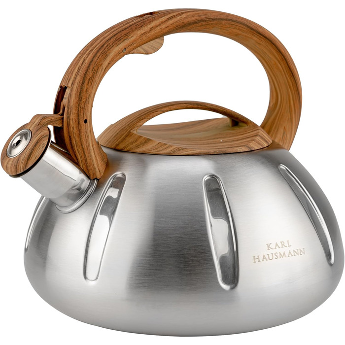 Чайник Karl Hausmann 3L з автоматичним свистком - сріблястий, з нержавіючої сталі для індукційних, газових та електричних плит