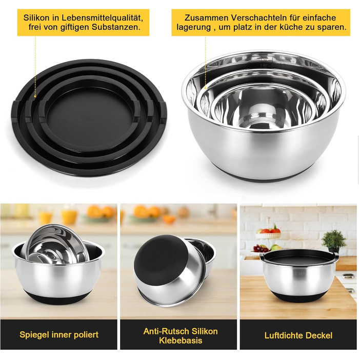 Набір мисок з нержавіючої сталі, 7 шт. з кришкою, тертки, для випічки та зберігання, стакові, універсальні, придатні для миття в посудомийній машині (0,63/1/1,5/2/3/4/5 QT)