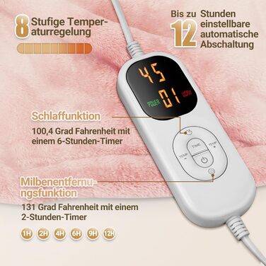 Електрична ковдра з автовимкненням 130x180 см, 8 рівнів нагріву, таймер 12 годин, пральна машина, флісова ковдра для ліжка, дивана, офісу, рожева