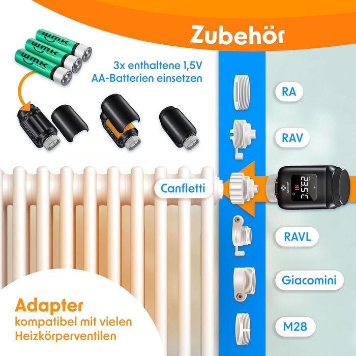 KESSER® WiFi термостат на радіатор опалення з керуванням через додаток Smart Home | Комплект з 6 вентилів | Сумісний з Alexa та Google Assistant | Економія енергії (Чорний)