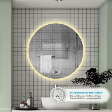 Круглий LED дзеркало для ванної кімнати 70 см з підсвіткою, сенсорне керування, протизапітніння, Alpha Series, холодне біле світло