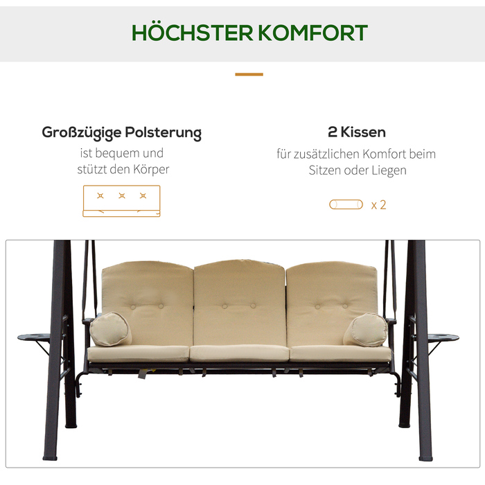 Гойдалка для трьох осіб у стилі Голлівуд з сонцезахисним навісом, бежево-коричнева, 121×208×172 см