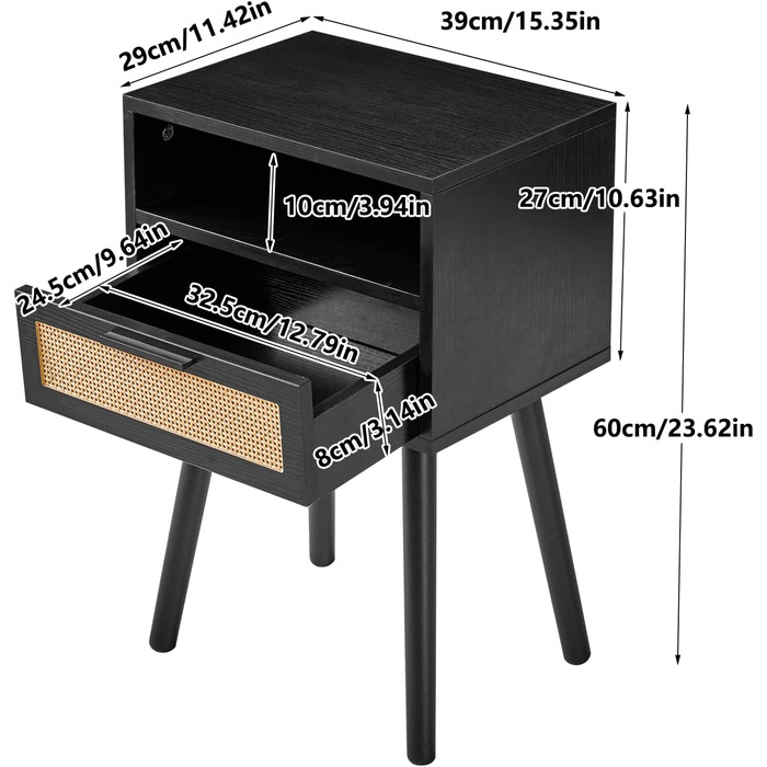 Приліжкова тумбочка IBUYKE з ротанга, бічний столик у стилі бохо з ящиком і полицею, натуральний WNS009N (чорний)