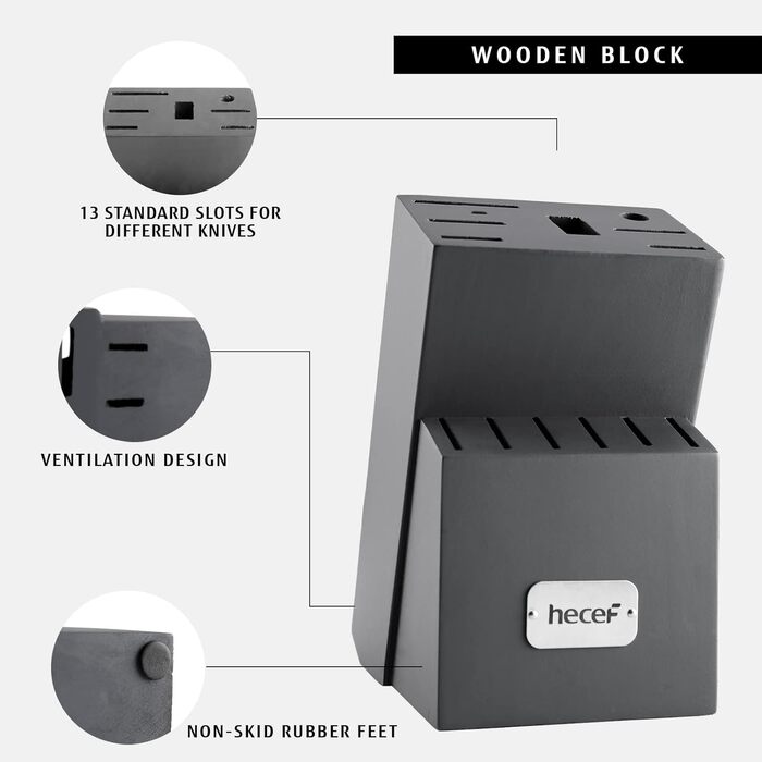Набір ножів Hecef 14 предметів з дерев'яним блоком, професійний набір кухонних ножів з нержавіючої сталі, з шліфувальником, ножицями та ножем для стейка (сірий)