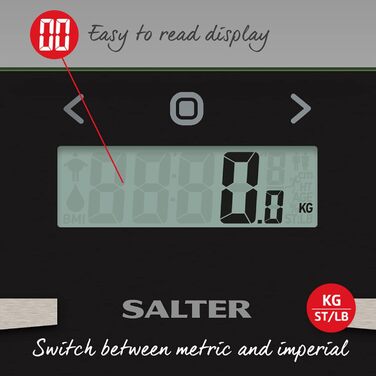 Скляні ваги для ванної кімнати Salter 9121 BK3R, місткість 180 кг, вимірює вагу, жир/воду та ІМТ, пам'ять 12 користувачів, плоска платформа, зручний для читання РК-дисплей, режим спортсмена, чорний