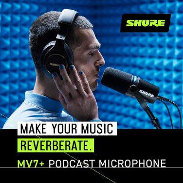 Мікрофон Shure MV7+ для подкастів, студійний, USB-C/XLR, LED-панель, авто-рівень, цифровий поп-фільтр, ефекти, для запису, стрімінгу, чорний
