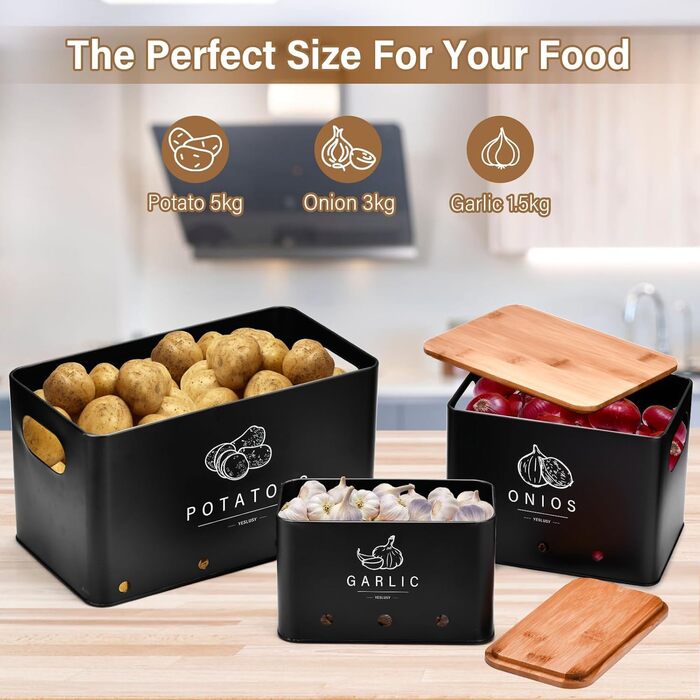 Набір контейнерів для зберігання картоплі, цибулі та часнику (3 шт.), бамбуковий кришка, чорний колір