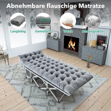 Розкладне ліжко для кемпінгу з матрацом та сумкою-переноскою, посилене (до 208 кг), XL 190x71x35 см, сіре