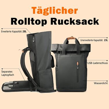 Рюкзак HK Rolltop 28 л, водонепроникний, захищений від крадіжки, з USB, для ноутбука 15.6', Uni/Travel, Чорний