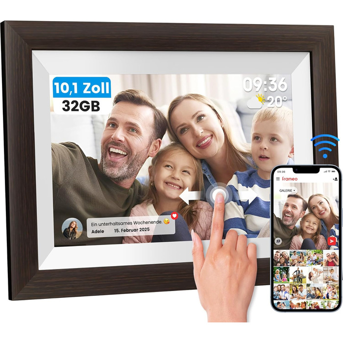 Цифровий фоторамка Mejasg 10.1 дюйма з Wi-Fi, 32GB, IPS сенсорний екран, автоповорот, для фото та відео, з дерева