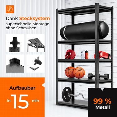 Металевий стелаж з металевими полицями - швидкий монтаж [НЕ СХИЛЬНИЙ ДО ПЛІСНІ & надзвичайно стабільний] Важкий металевий стелаж чорного кольору з п'ятьма полицями - стелаж для зберігання, підвальний стелаж, стелаж для гаража. Розміри: 160x86x45 см, 5 пол