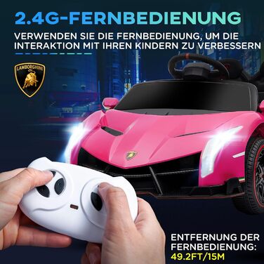 Дитячий електромобіль HOMCOM Lamborghini Veneno 12V з Bluetooth, музикою, пультом ДУ, для дітей 3-6 років, рожевий