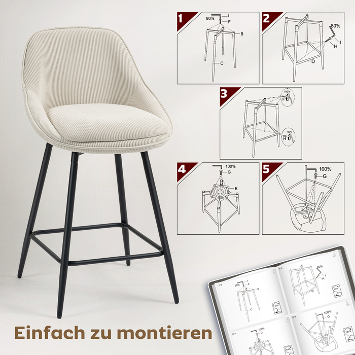 Набір з 2 барних стільців з велюровою оббивкою та сталевими ніжками, м'які стільці для кухонного острова, їдальні, кремовий колір