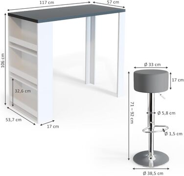 Барний стіл Vicco Bartisch-Set з 2 барними стільцями, 117 x 57 см (Білий/Сірий)