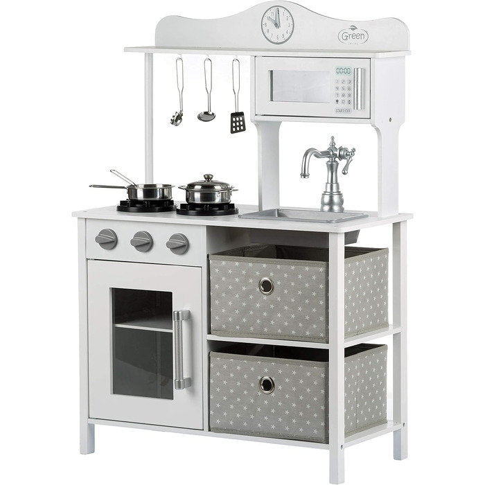 Дерев'яна дитяча кухня Kinderplay з LED та звуками приготування їжі, регульована висота 92–107 см, ігровий набір для дітей від 3 років, повний комплект з аксесуарами, світло-сірий колір (Vintage - White)