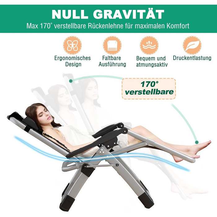Шезлонг для відпочинку, розкладний, 200 кг, Zero Gravity, з подушкою, підстаканником, широкий, регульований, для саду, патіо, пляжу, басейну, сірий
