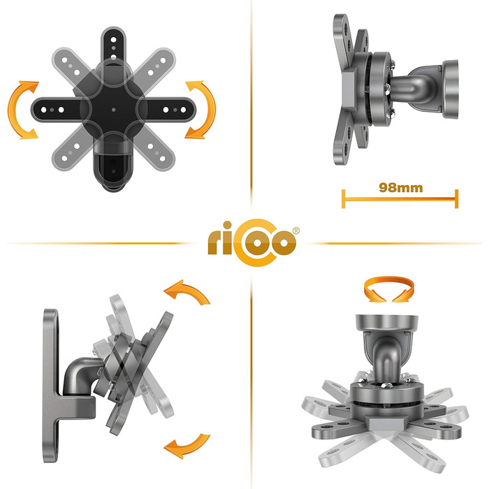 Кріплення для монітора RICOO TÜV сертифіковане, поворотне та нахильне, універсальне, 13-32 дюйми, VESA 75x75, 100x100 мм, до 15 кг, срібний колір