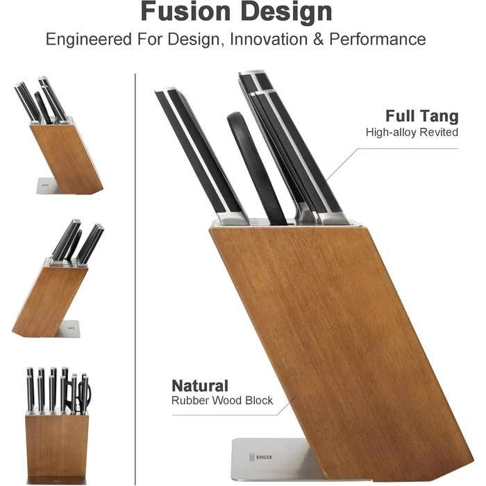 Набір ножів 14 предметів з бруском, кухонний набір ножів з дерев'яним бруском, леза з німецької сталі X50CrMoV15 (шеф-ніж, сантоку, ніж для стейка, ніж для овочів, ножиці). Чорний колір.