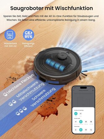 Робот-пилосос LEFANT M2 Pro з вологою тканиною, 5000Pa, лазерна навігація, LiDAR dToF, 150 хв, розпізнавання килимів, керування через додаток/голос, для видалення шерсті тварин, чорний