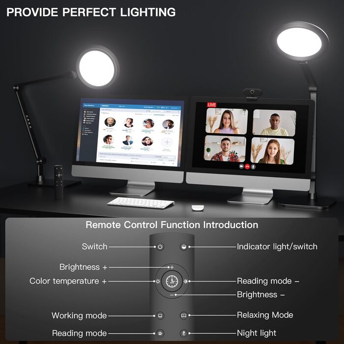 LED лампа VERSKI для дому та офісу з пультом, для відеоконференцій Zoom, з регулюванням яскравості та кольорової температури, 18W, чорна