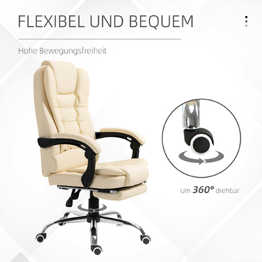 HOMCOM Office Chair with Footrest, Adjustable Backrest, Height Adjustable, Cream, Black, and Silver
