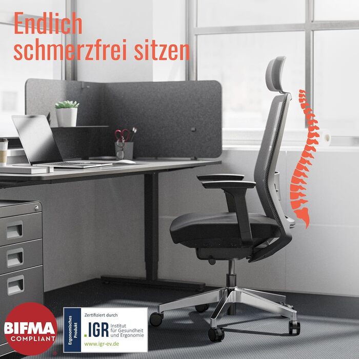 Яса Чейр Плюс: Ергономічне офісне крісло з підголівником, 2D-підтримкою попереку та 4D-підлокітниками | Переможець тесту! До 150 кг, чорний