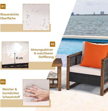 Набір садово-розкладних меблів GIANTEX з ротангу (3 шт.), садова група для балкону на 2 особи, Lounge Set з 2 кріслами та дерев'яним столом, коричневий, з подушками
