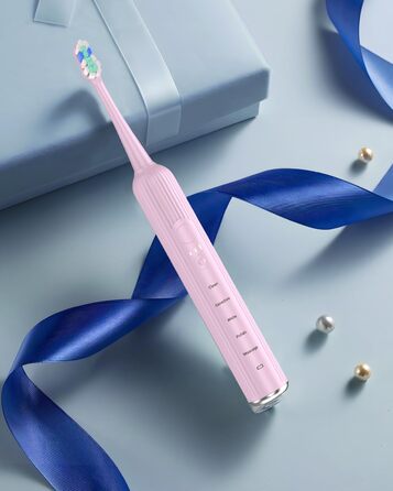 Електрична звукова зубна щітка для дорослих і дітей, 5 режимів чищення, 3 рівні інтенсивності, таймер, 8 насадок, кейс для подорожей, акумуляторна (Рожева, 1 шт.)