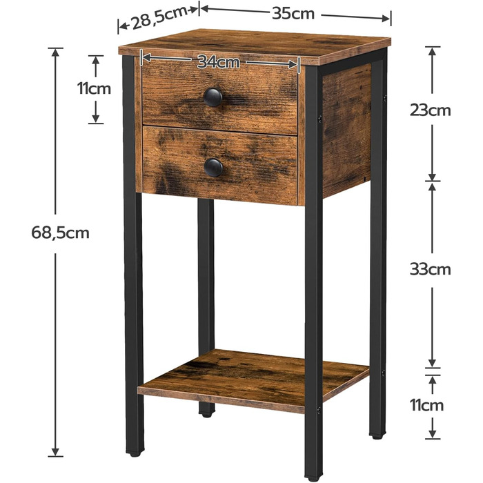 Журнальний столик HOOBRO, телефонний столик, тумбочка з 2 ящиками, металевий каркас, темно-коричневий EBF72BZ01
