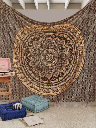Настінний гобелен Aakriti Gallery з бавовняною мандалою-богемне покривало, ковдра в стилі бохо / гобелени для вітальні, домашній декор (чорний, золотий, 235 x 210 см)