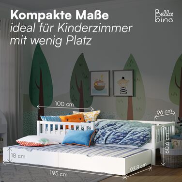 Ліжко дитяче Bellabino Vils 90x200 см – ліжко для малюків з бортиками, ламелі, Монтессорі, з масиву сосни, біле, для хлопчиків та дівчаток, з місцем для зберігання, з гостьовим ліжком, з матрацом
