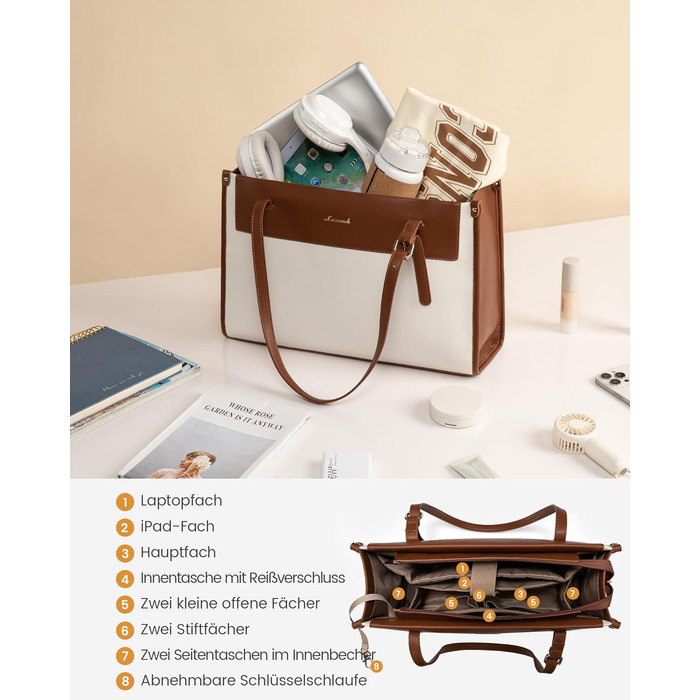 LOVEVOOK Сумка для ноутбука, жіноча велика водонепроникна сумка-шоппер, ділова сумка-акселуар, з PU шкіри, 15.6 дюймів (Коричневий+бежевий)