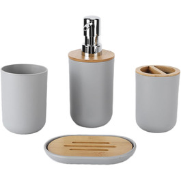 Набір банного приладдя GAESHOW з 4-х предметів, пластик та бамбук, тримач для зубної щітки, дозатор для мила, піддон, тумблер (сірий)