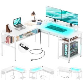 L-подібний ігровий стіл, 141x117x76 см, комп'ютерний стіл з полицею, офісний стіл з поворотним кутом для навчання, ігор, home office (білий)