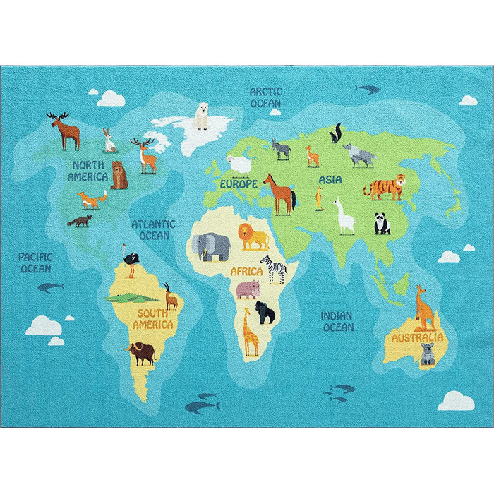 Дитячий килим щасливе життя, дитячий килим, килимок для ігор, що миється, Карта світу, Земля, тварини, (80 х 150 см, синій)