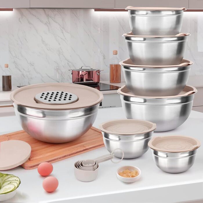 Набір місок для перемішування з кришками, 26 предметів, нержавіюча сталь, 3 тертки, міски для кухні, випічки, холодильника, зберігання продуктів, органайзер, 7 розмірів (Хакі)