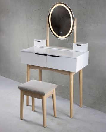 Косметичний столик з LED-дзеркалом, пуфом та 4 шухлядами, скандинавський стиль, білий