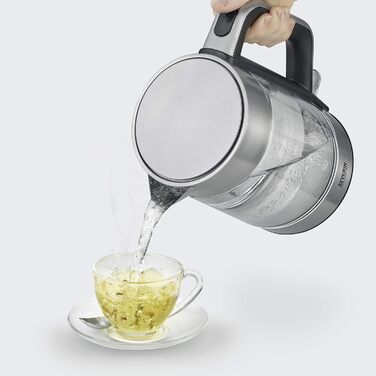 Скляний чайник SEVERIN 1.7 л XXL, потужний і компактний чайник у високоякісному дизайні, електричний чайник з фільтром від накипу, 2200 Вт, скло з нержавіючої сталі, WK 3420 (в комплекті з ручним міксером)