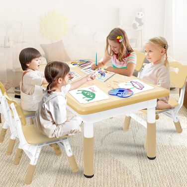 Дитячий стіл зі стільцями (2 шт.) 80x60 см, регульована висота, для дитячого садка, ідеально для ігор, малювання та розмальовування. Легко миється. Набір столу та стільців для дітей від 2 років (Бежевий)