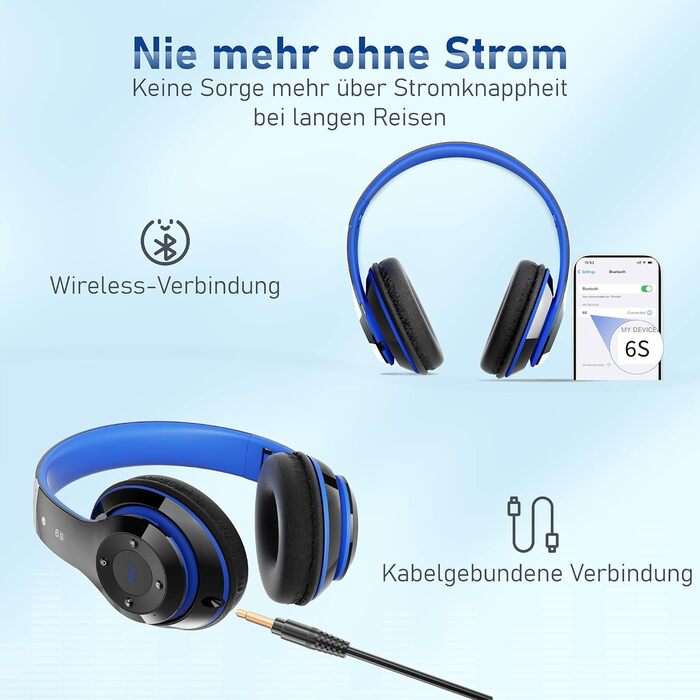 Накладні Bluetooth-навушники Lankey Sound, 6 режимів еквалайзера, 65 годин, HD-мікрофон, FM, SD/TF, Чорний синій