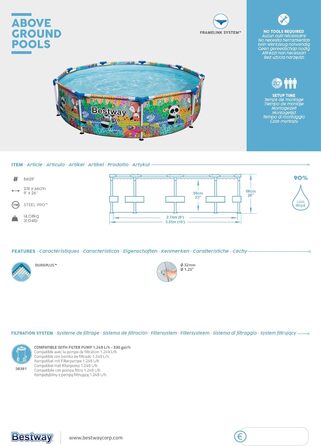 Каркасний басейн Bestway Steel Pro з навісом від сонця 'Splash-in-Shade без насоса Ø 244 x 51 см, барвистий фруктовий дизайн, круглий (274 x 66 см)