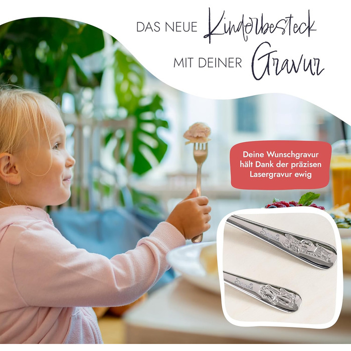 Дитячий столовий прилад WMF Safari з гравіюванням імені - індивідуальний столовий прилад WMF з гравіюванням, персоналізований подарунок - хрещення, персоналізовані ідеї подарунків для дівчаток та хлопчиків - дитячий набір столових приладів на 4 особи