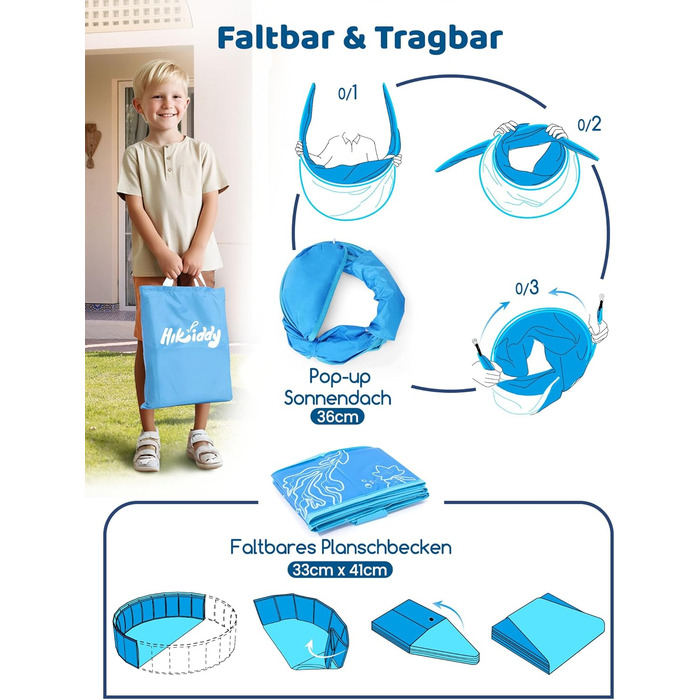 Надувне дитяче басейн з тінню 47 дюймів для пляжу, саду, дому (блакитний)