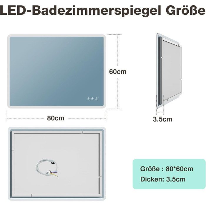 Дзеркало для ванної кімнати GIMBELEN LED з підсвічуванням 80x60 см, прямокутне, сенсорне керування, регулювання яскравості, 3 кольори світла, антизапарник, вертикальна/горизонтальна установка