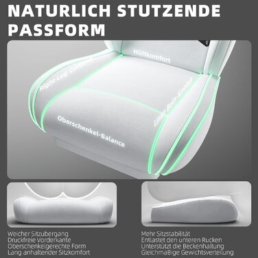 Ігровий крісло Dowinx з регульованою висотою масажного поперекового підтримувача, ергономічний дизайн, м'яка мікрофібра велюр, посилене сидіння, підголовник та підніжка в комплекті, регулювання на 155°, (Білий, Титан)