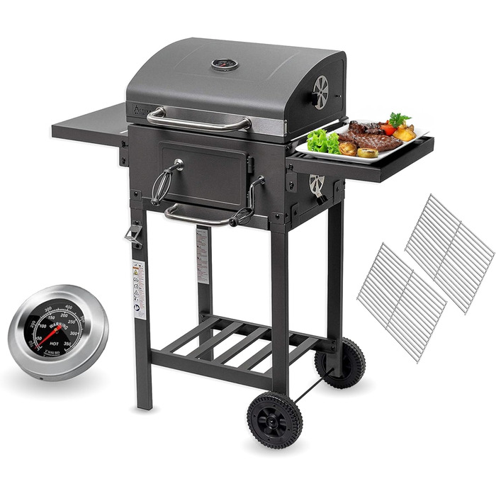 ACTIVA Гриль на вугіллі Angular Smart I з кришкою, регульованою кошиком для вугілля та термометром | Гриль-візок для барбекю
